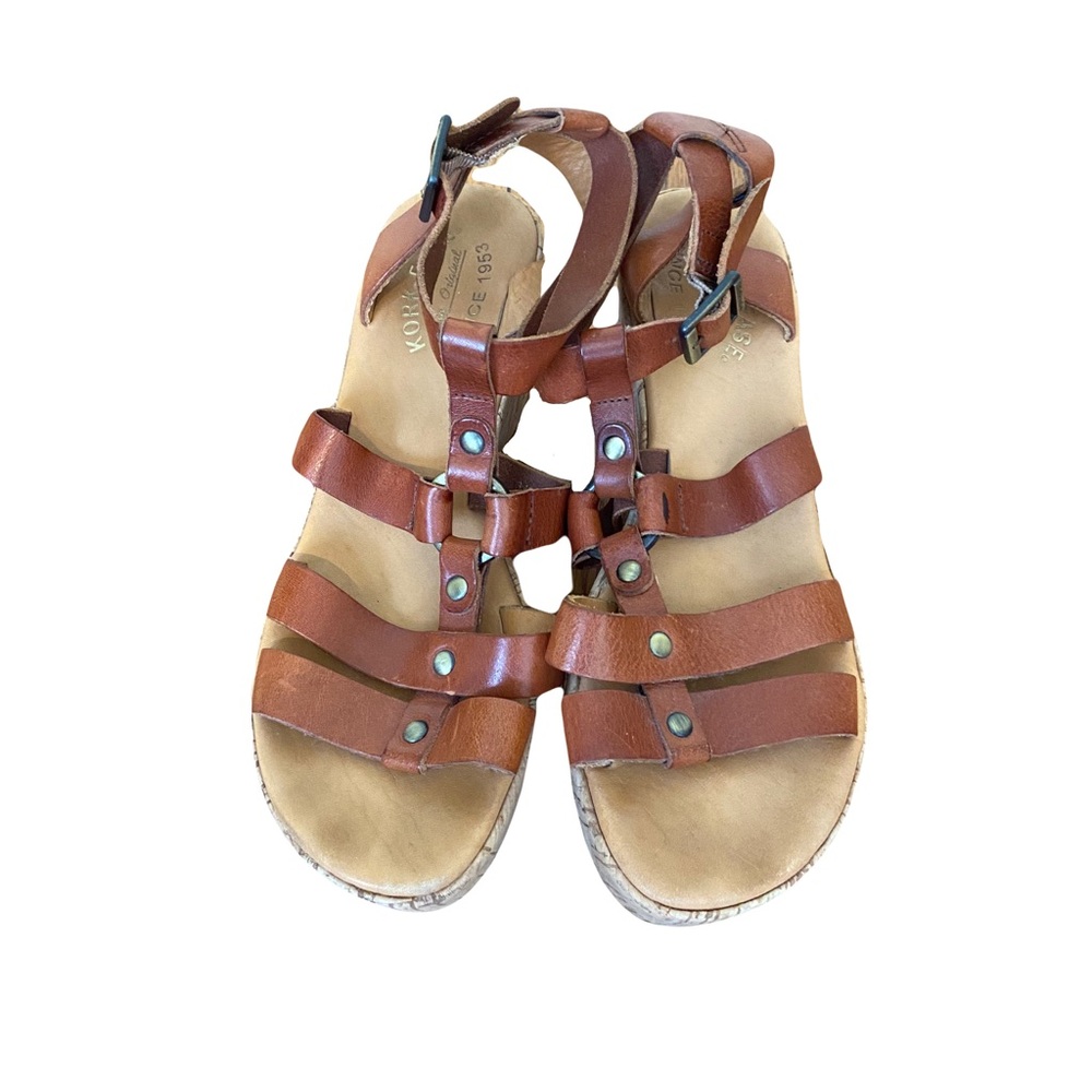 Brown Kork-Ease Leather Cork Wedge Sandals in Size 9